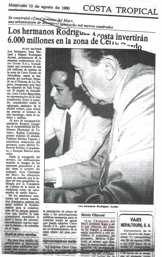 Recorte periódico (15 de agosto de 1990) construcción urb. Cármenes del Mar