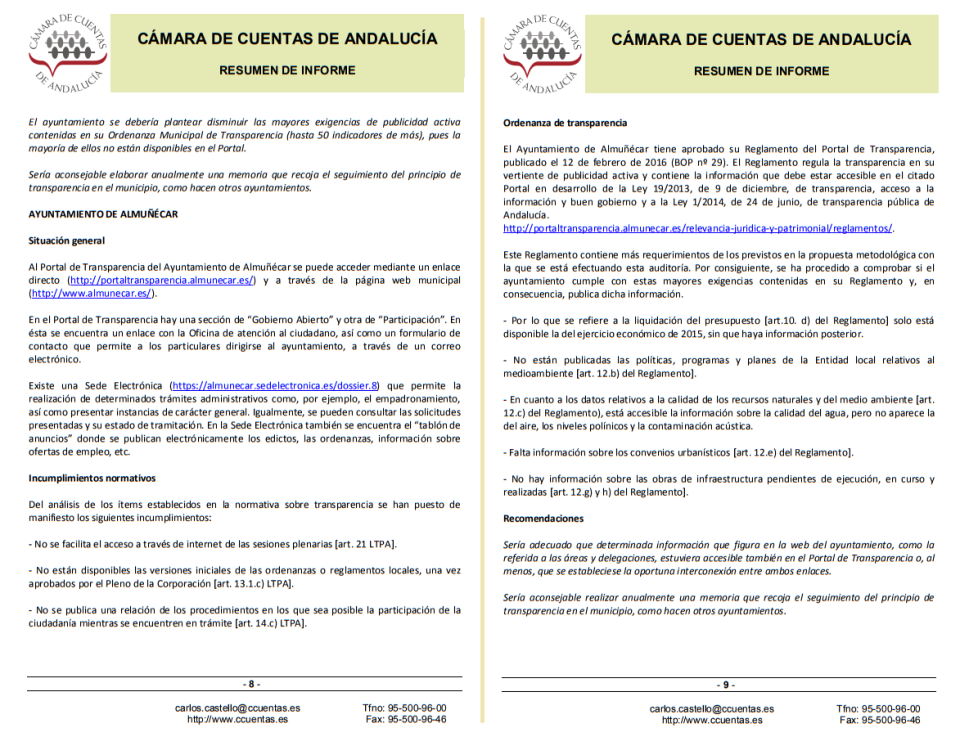 Resumen Informe Cámara de Cuentas de Andalucía sobre Transparencia en Almuñécar